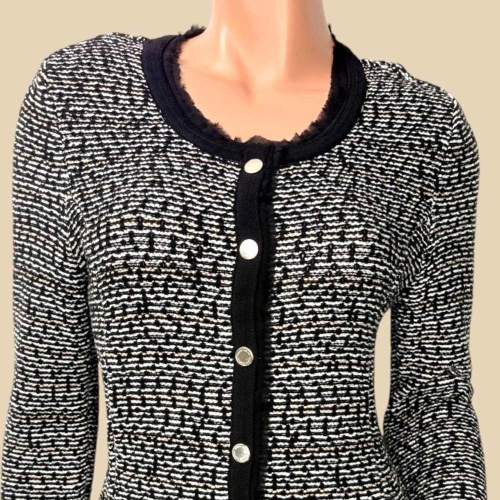 WHBM Women’s‎ S Crop Sweater Jacket Dark Coquette Tweed Black Ecru Goth Office - Picture 5 of 13